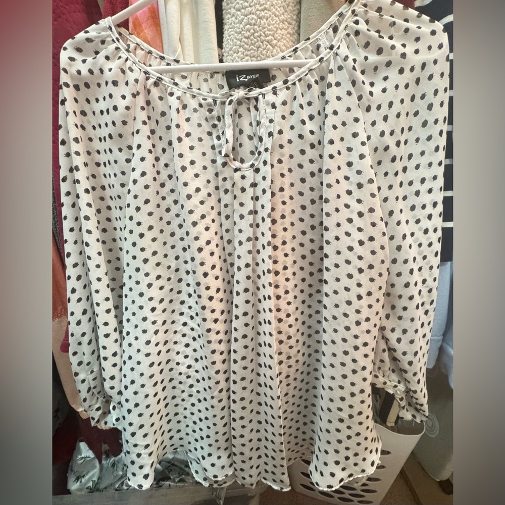 Iz Byer Women's Black and White Polka Dot Blouse
